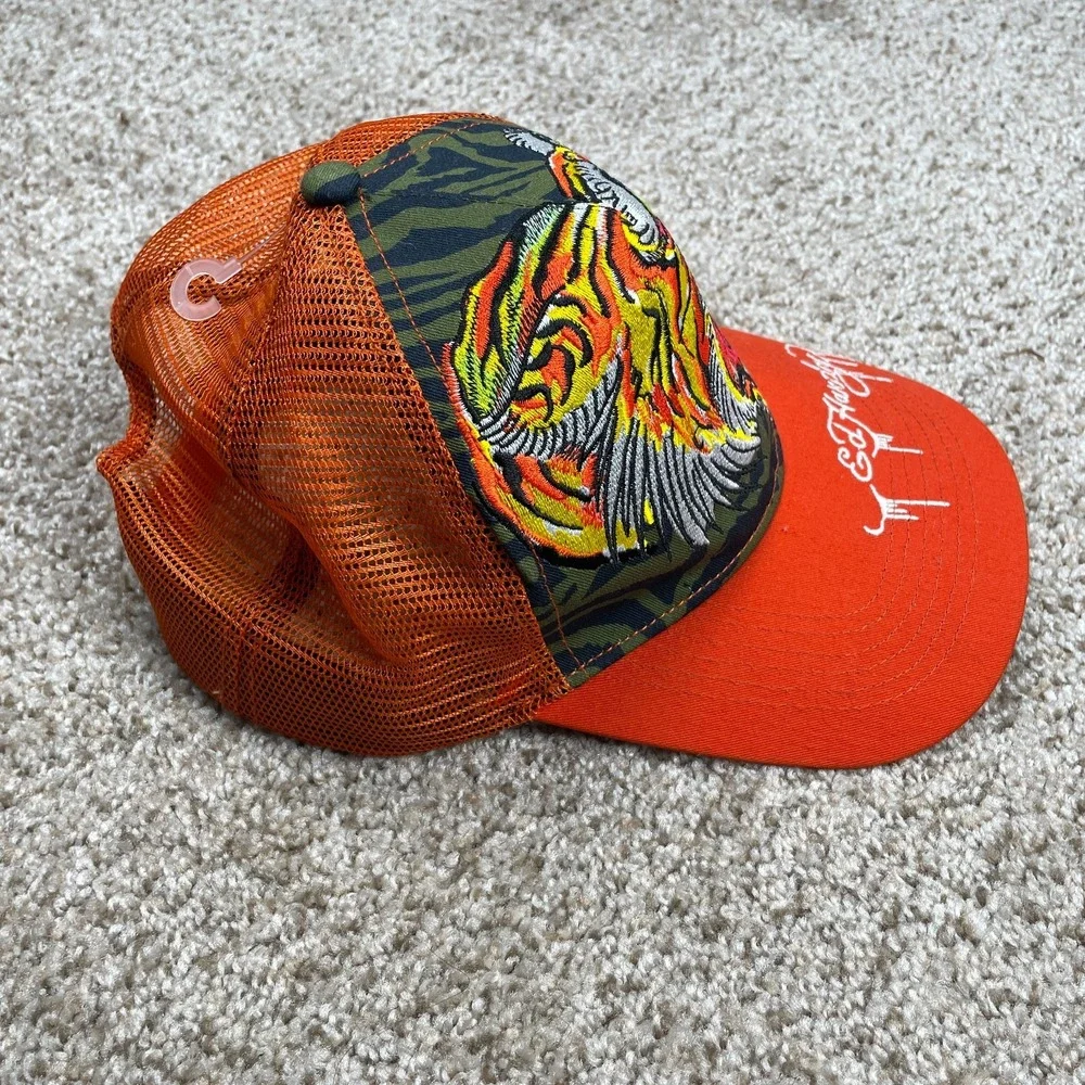Ed Hardy Trucker Hat Embroidered Tiger Big Graphic Spellout Orange Snapback OS